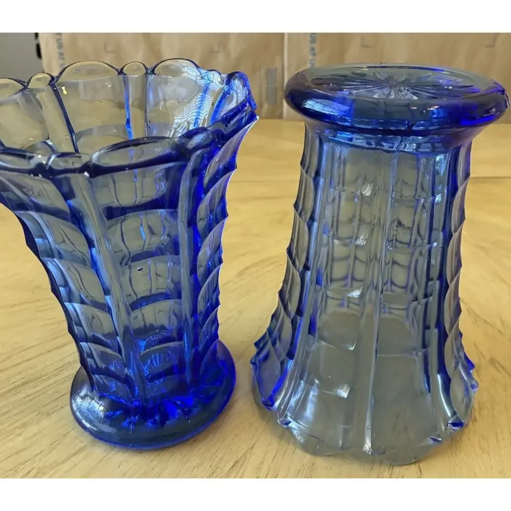 2 Vintage Cobalt Blue Pressed Glass Vases Ruffled Scalloped Edge Mid Century